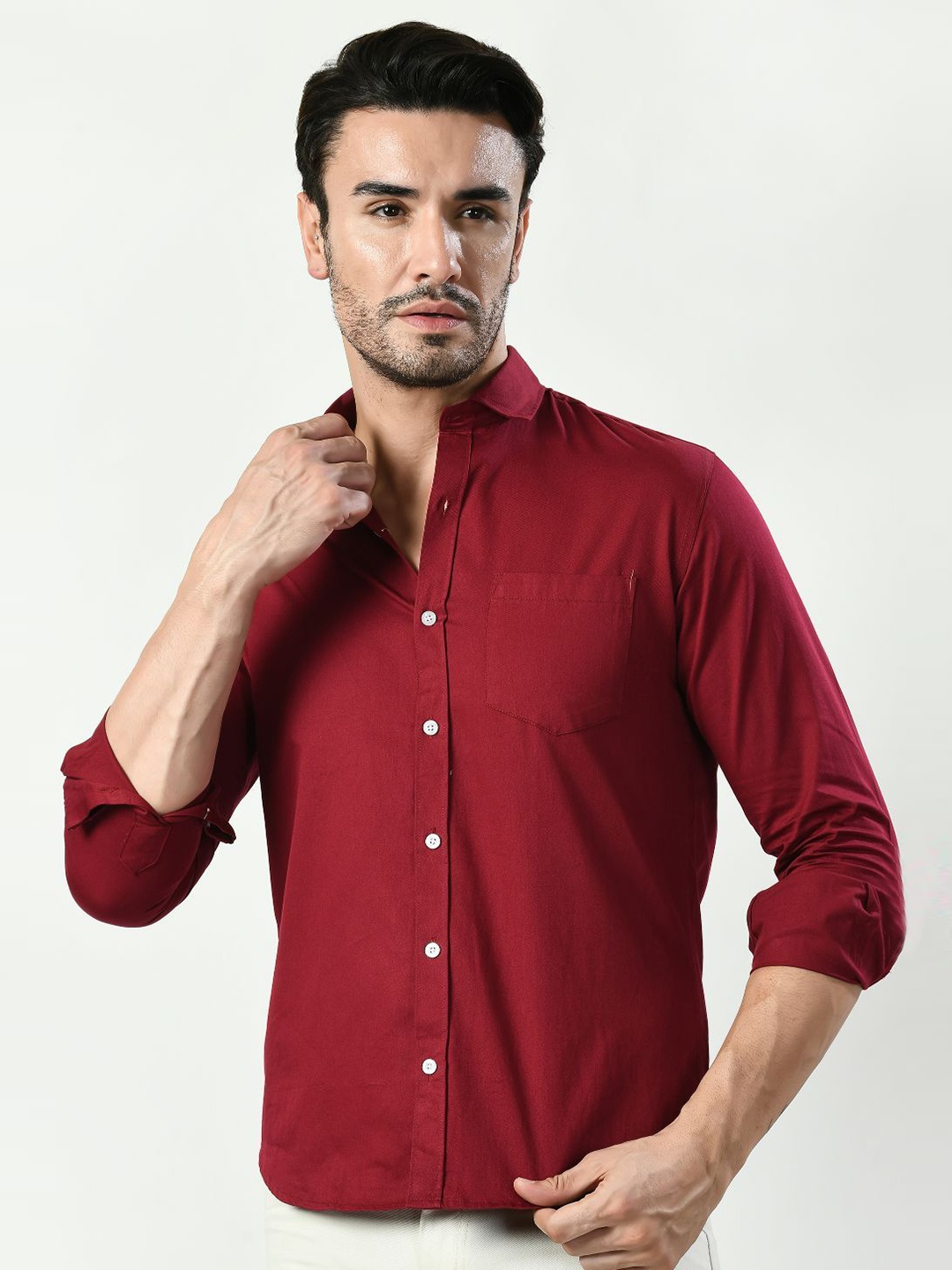 

PEBCO Men Classic Spread Collar Solid Cotton Slim Fit Casual Shirt, Maroon