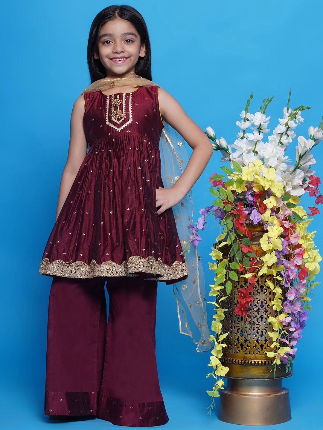 

Little Bansi Girls Self Design Sequinned Cotton Silk A-Line Kurta with Palazzo & Dupatta, Maroon