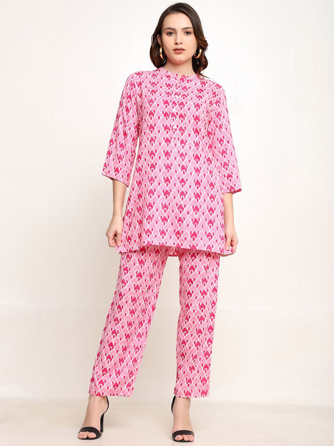 

CORDSET Printed Mandarin Collar Pure Cotton Tunic With Trouser, Pink
