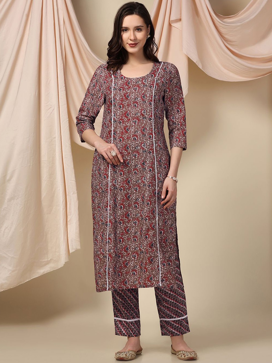 

BAESD Floral Printed Cotton Straight Kurta With Trouser, Brown