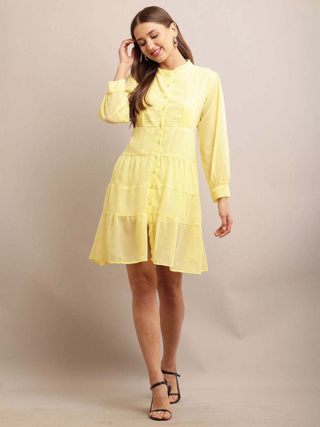 

BAESD Women Cuffed Sleeves A-Line Dress, Yellow