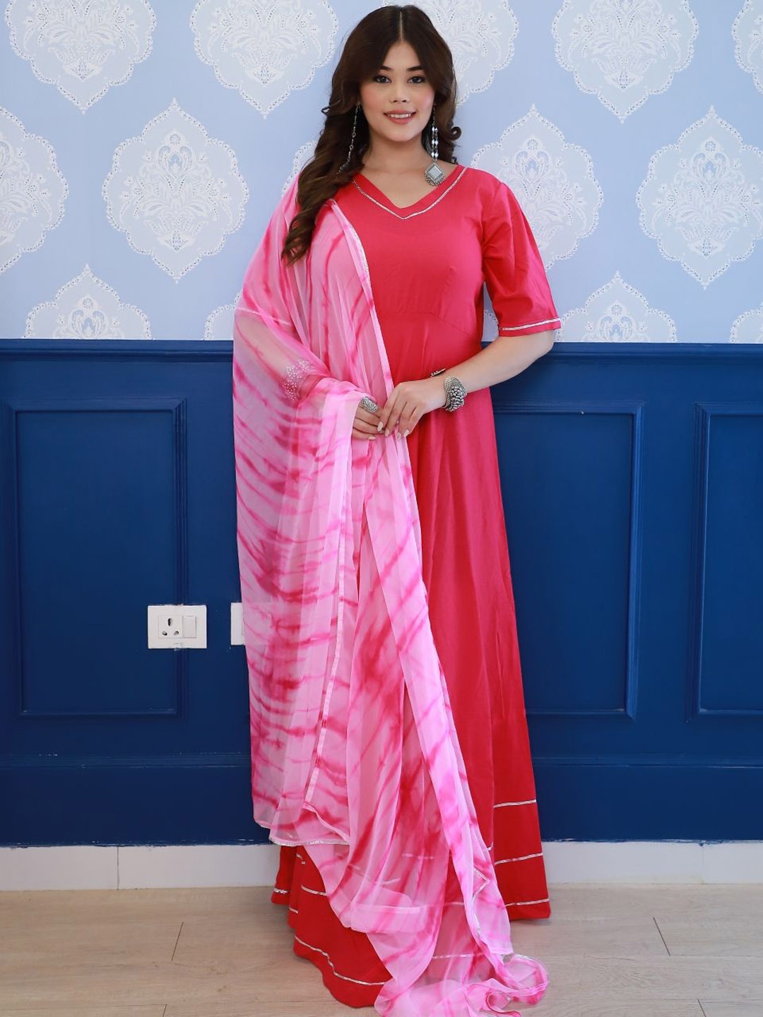 

Swadeshi Shringaar Solid Anarkali Ethnic Dress with Dupatta, Fuchsia