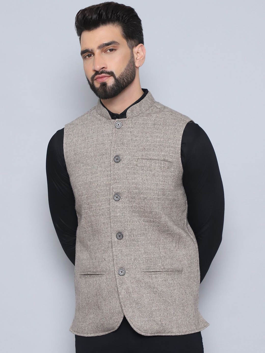 

even Woven Design Nehru Jacket, Beige