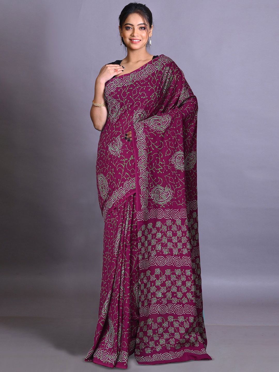 

Unnati Silks Women Printed Ethnic Motifs Pure Cotton Handloom Saree, Purple