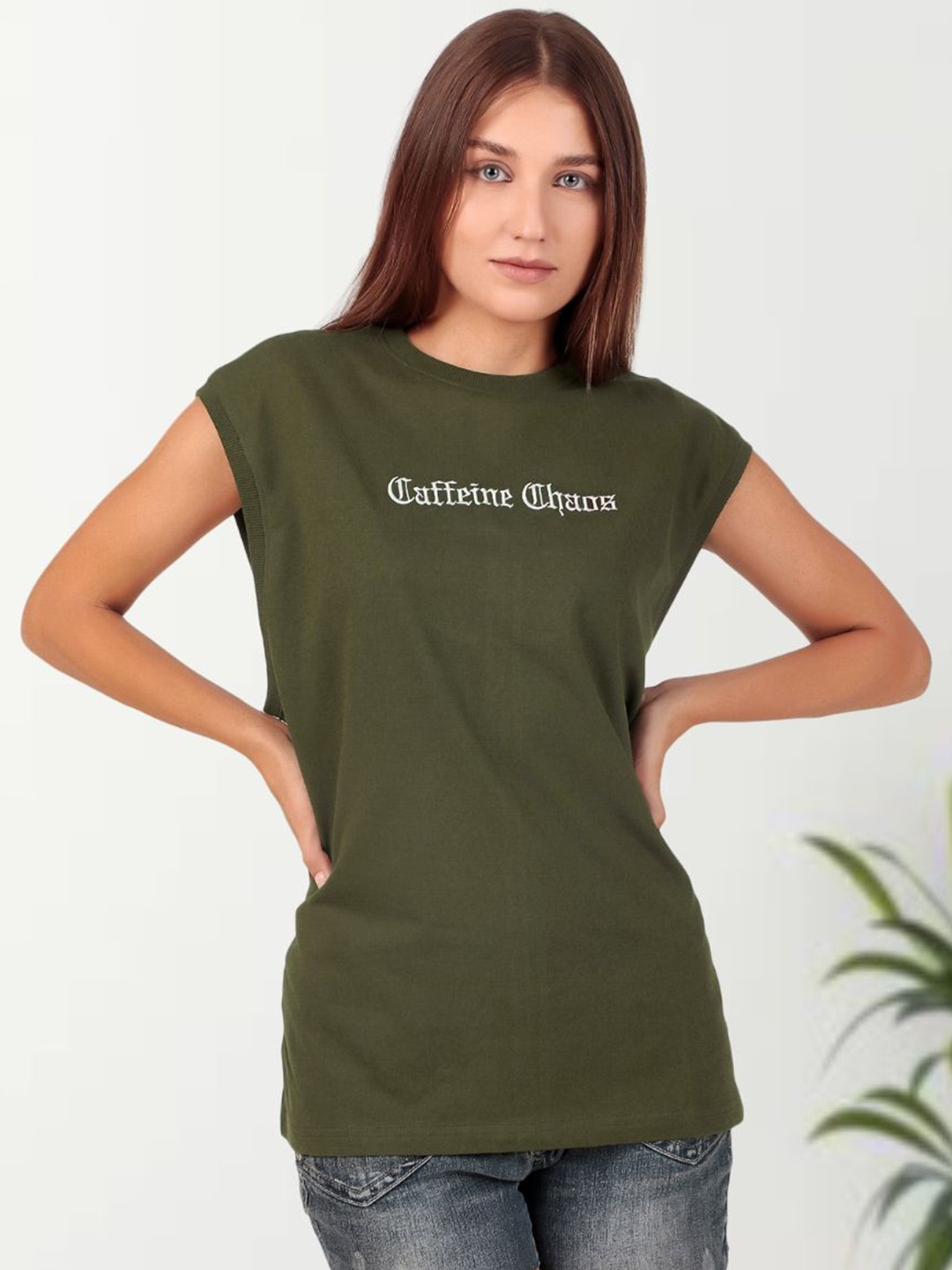 

Untamed Clothing Women Typography Printed Round Neck Cotton Oversized T-Shirt, Green