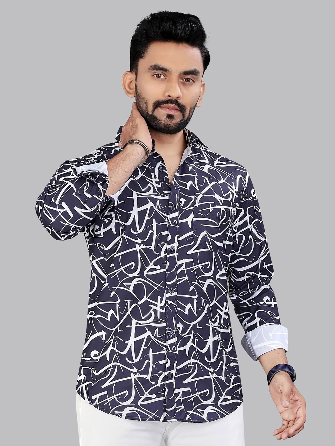 

ADWYN PETER Men Classic Spread Collar Abstract Printed Cotton Casual Shirt, Navy blue
