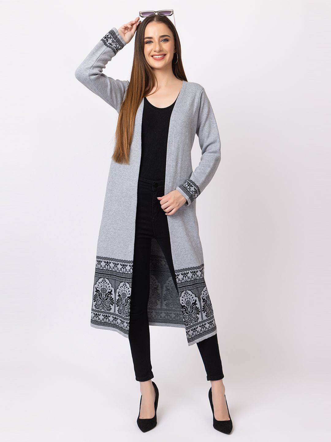 

Anouk Grey Ethnic Motifs Printed V-Neck Winter Open Front Longline Shrug