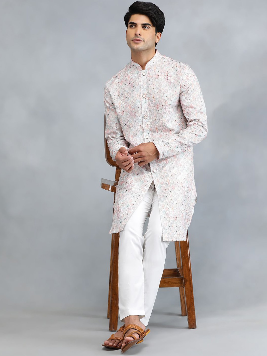 

THE KURTA COMPANY Ethnic Motifs Embroidered Mandarin Collar Kurta, White