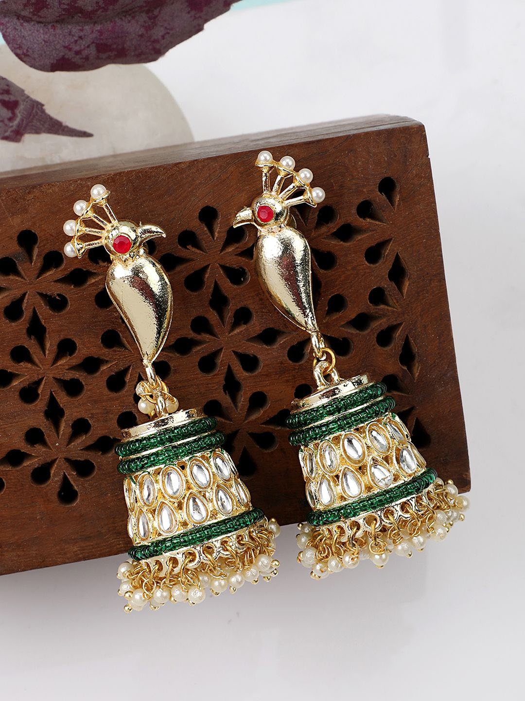 

MODE MANIA Gold-Plated Kundan Contemporary Jhumkas, Green