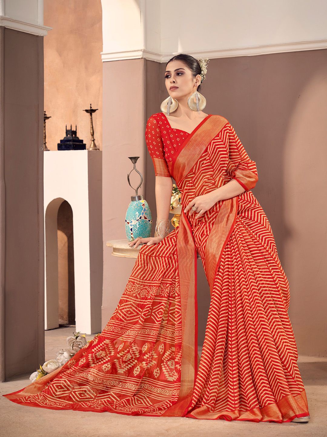 

Saree mall Zari Poly Chiffon Block Print Sarees, Red
