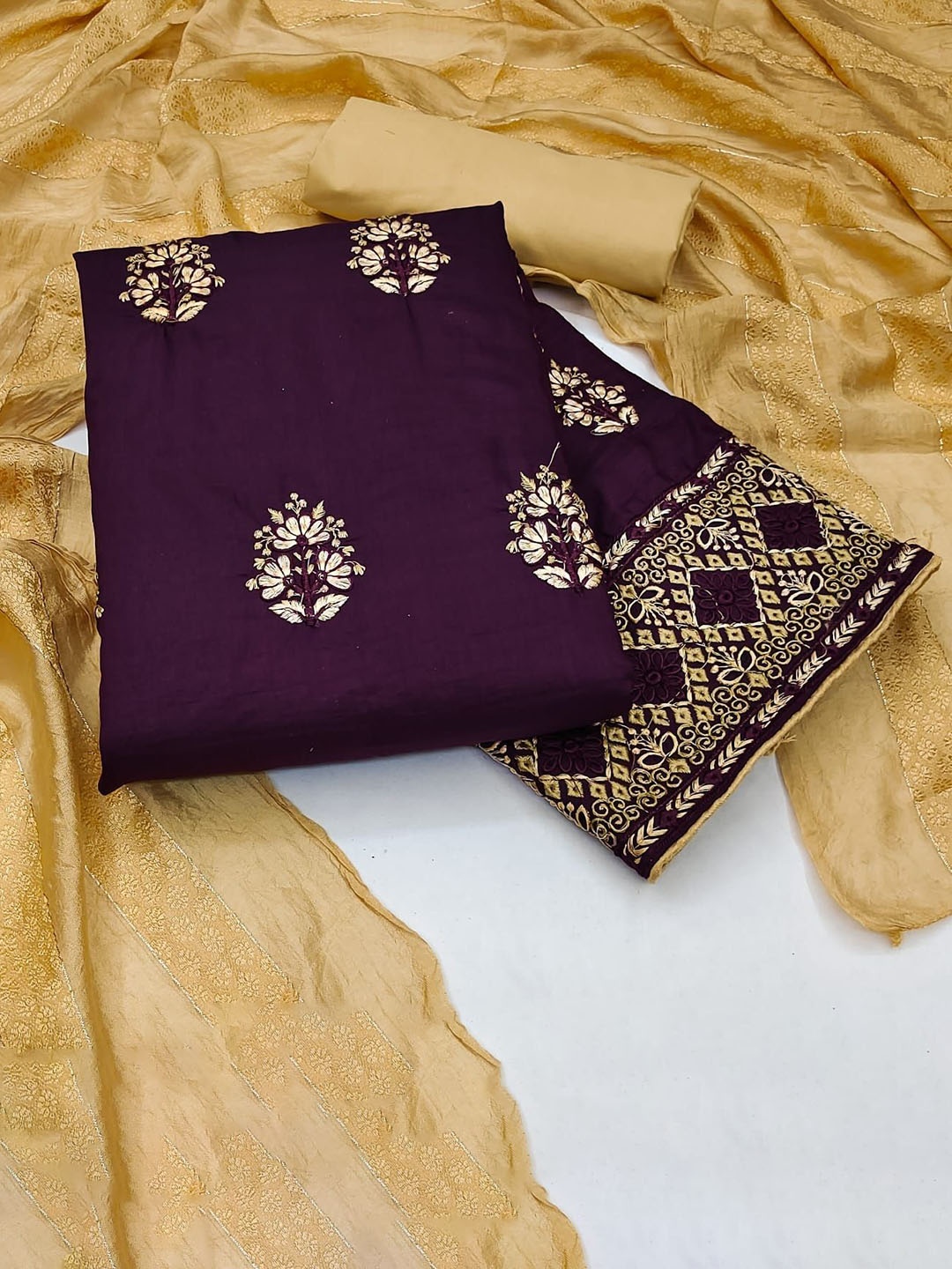

LADY SHOPI Floral Embroidered Unstitched Dress Material, Purple