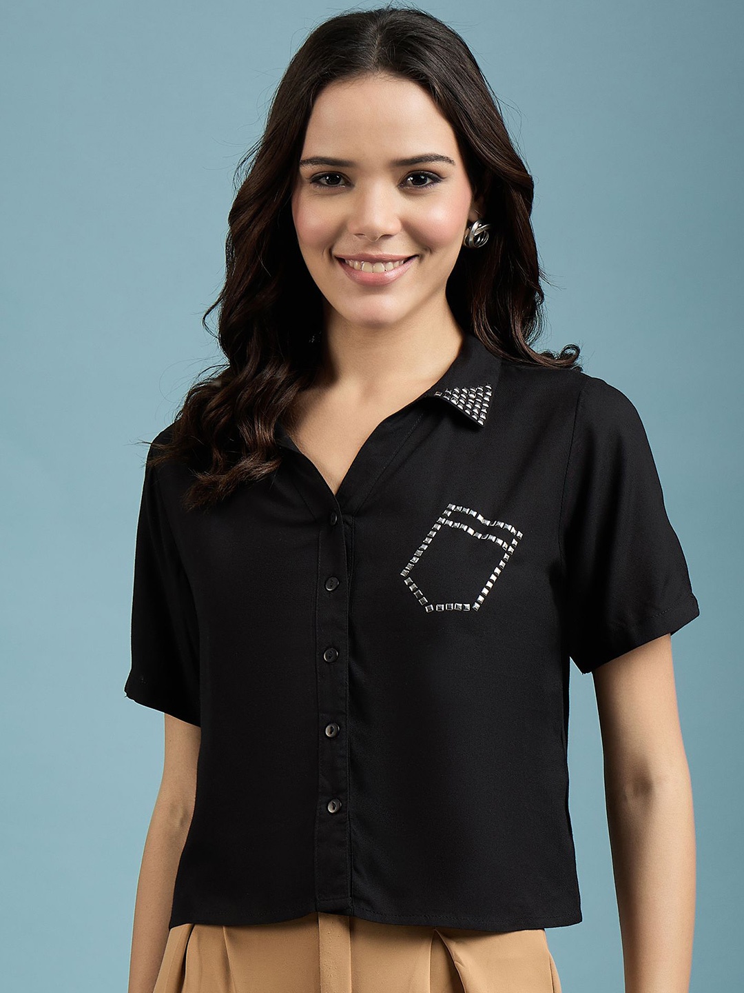 

DressBerry Women Classic Spread Collar Solid Casual Shirt, Black