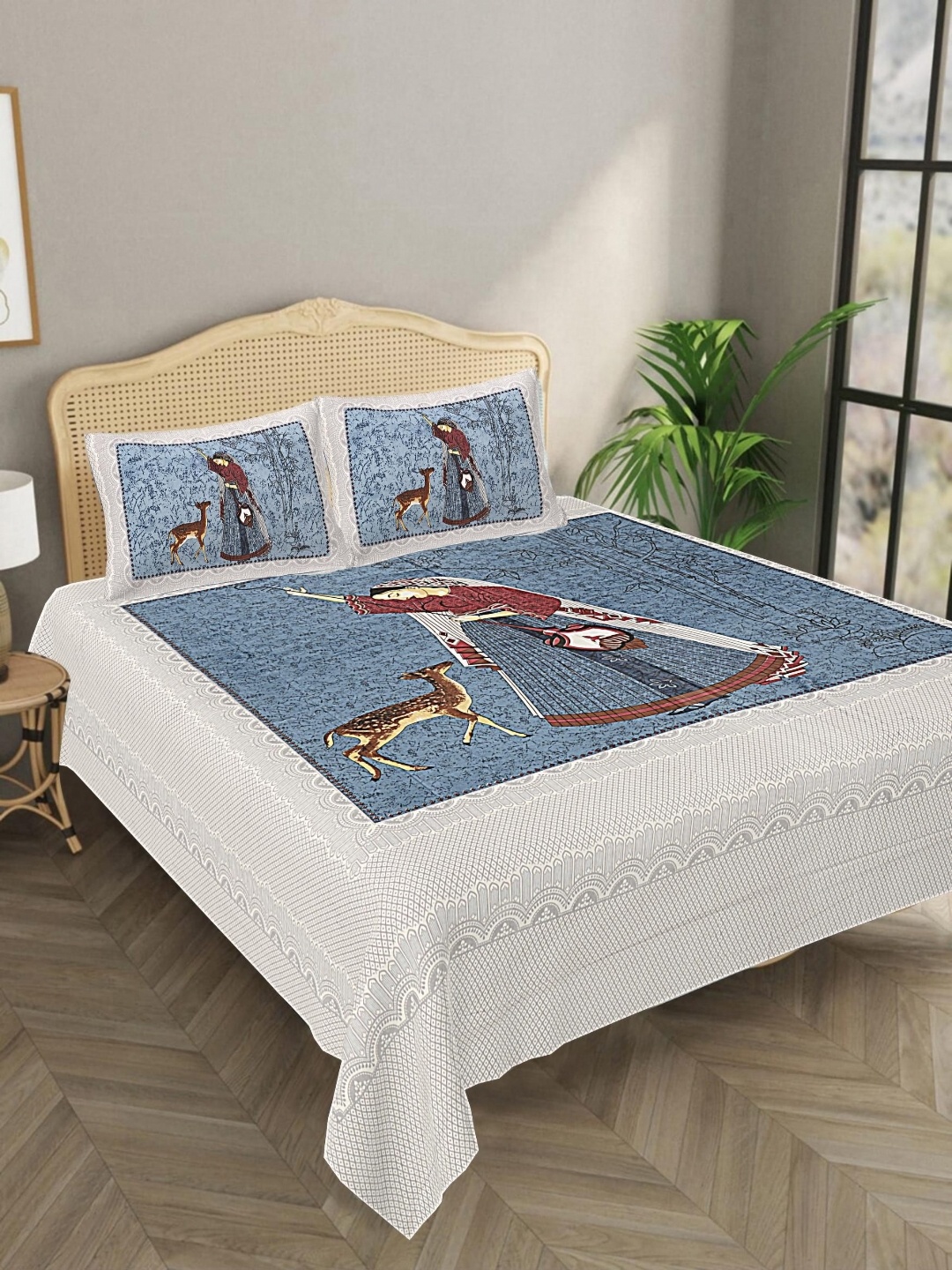 

Aura Blue & Grey Ethnic Motifs 144 TC Pure Cotton King Bedsheet With 2 Pillow Covers