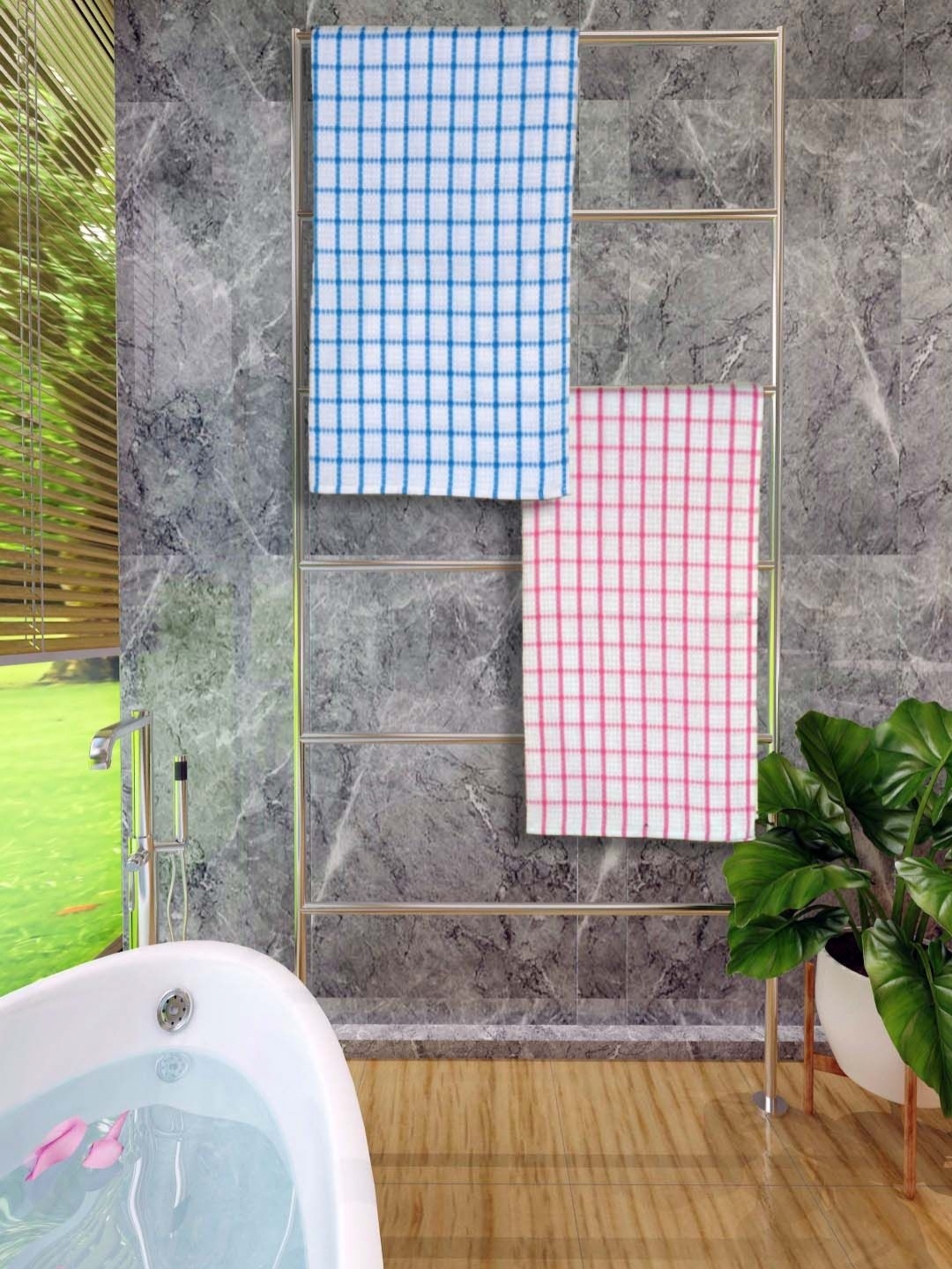 

Aura Blue & Pink 2 Pieces Checked Printed Cotton 250 GSM Bath Towels