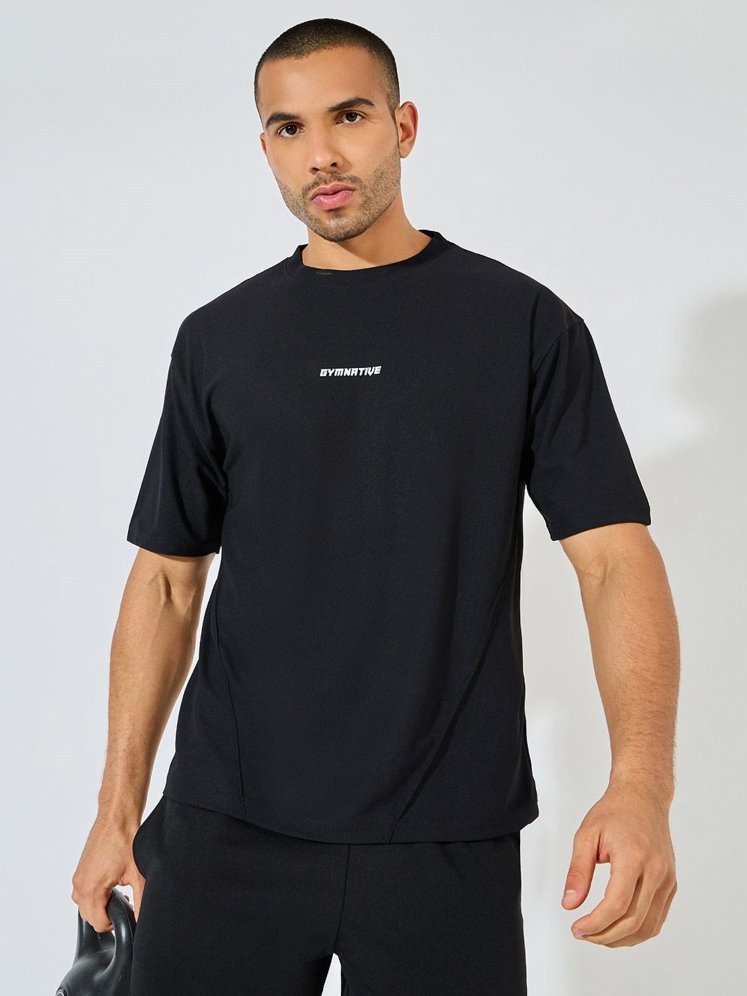 

Men Oversized Slogan Training T-Shirt with Pintuck Detail, Black