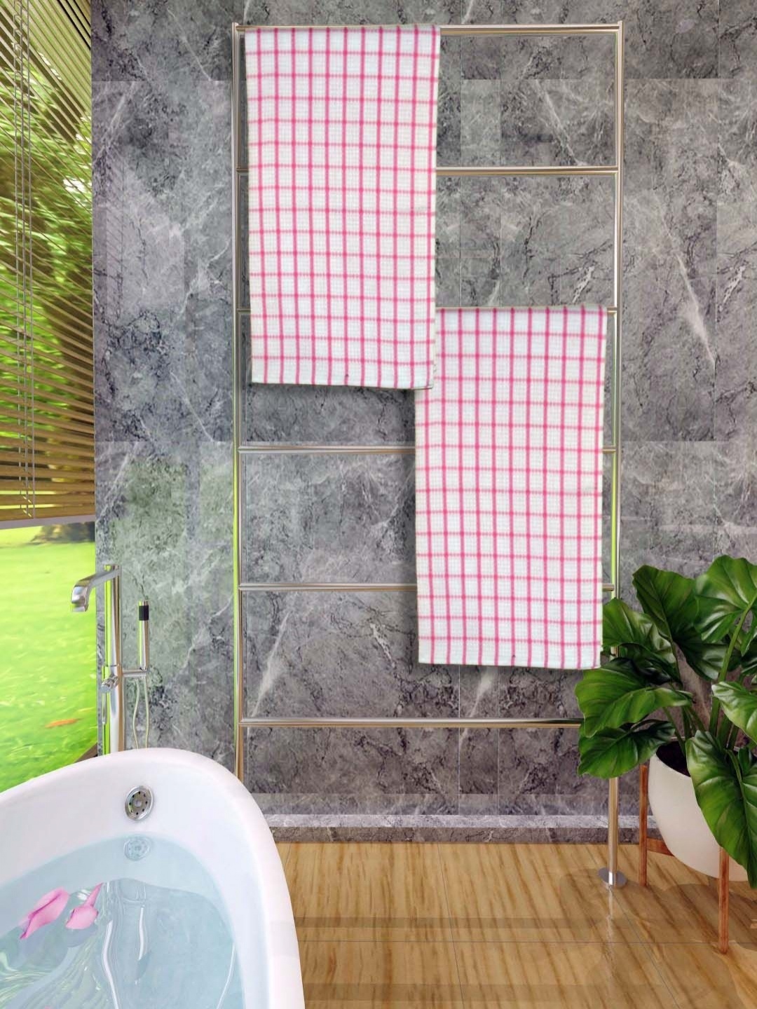 

Aura Pink & White 2 Pieces Checked Cotton 250 GSM Water Absorbent Bath Towels