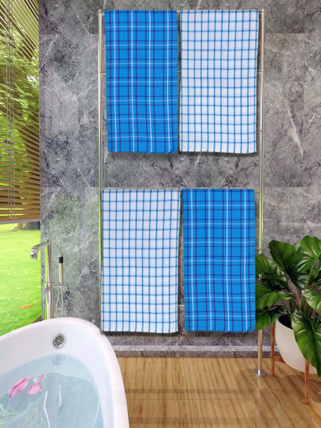 

Aura White & Blue 4 Pieces Checked Cotton 250 GSM Water Absorbent Bath Towels