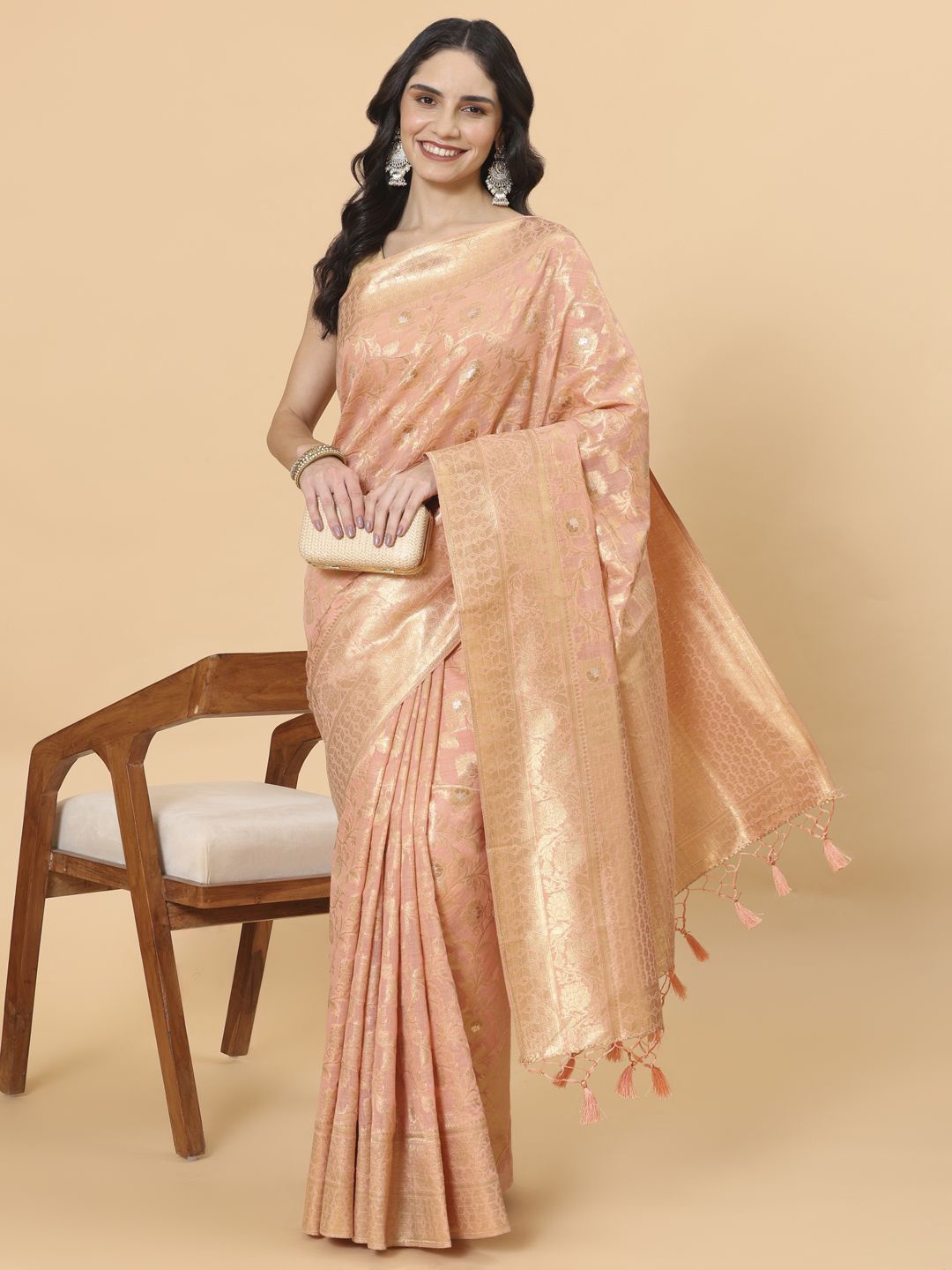 

Meena Bazaar Floral Woven Design Zari Saree, Peach