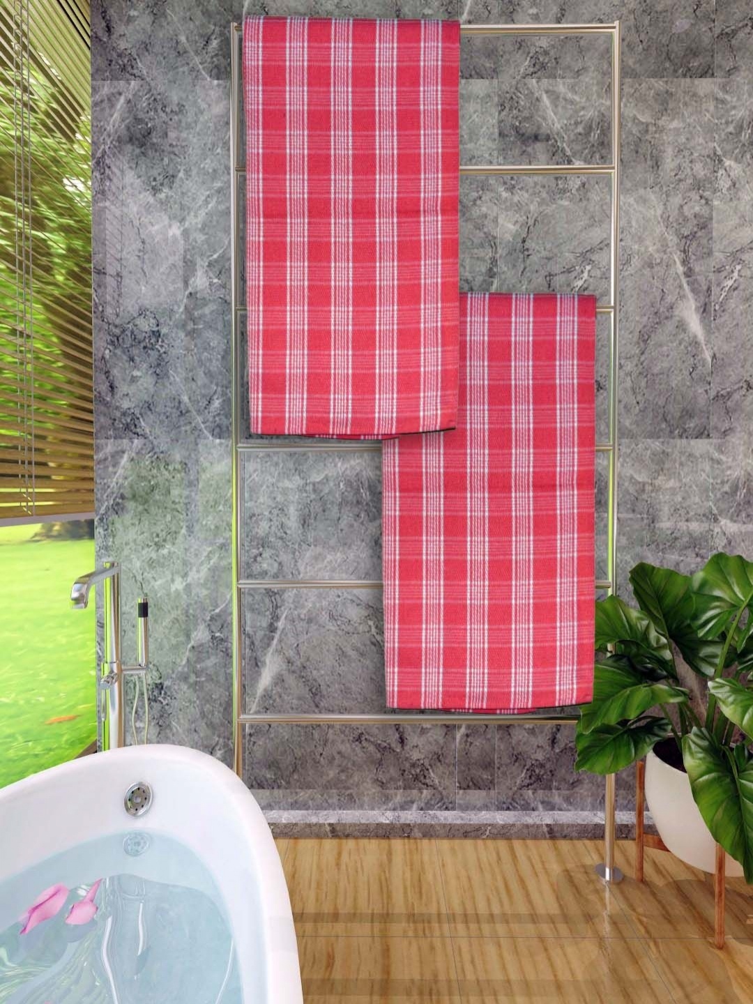 

Aura Premium Red & White 2 Pieces Checked Cotton 210 GSM Bath Towel