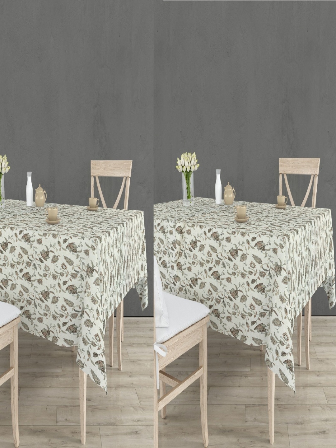 

RRC Cream Colored & Brown 2 Pieces Floral Printed Anti Slip Cotton 4 Seater Table Cover