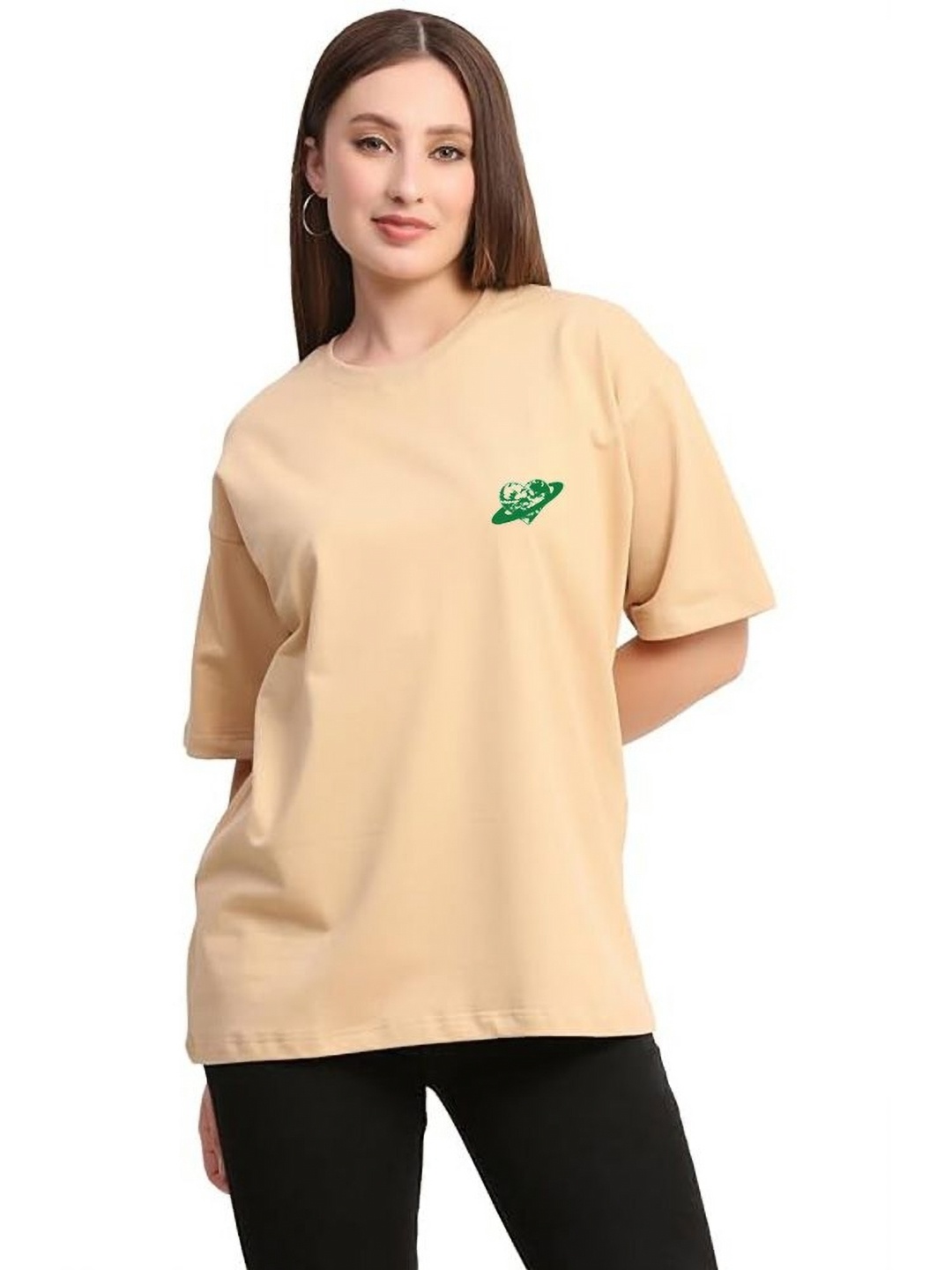 

VIXENLY Women Printed Drop-Shoulder Sleeves T-shirt, Off white