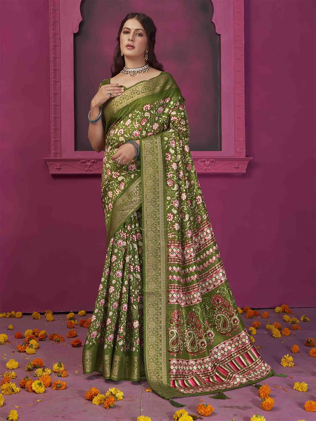 

Ethnielle Floral Woven Design Tussar zari Silk Saree, Olive
