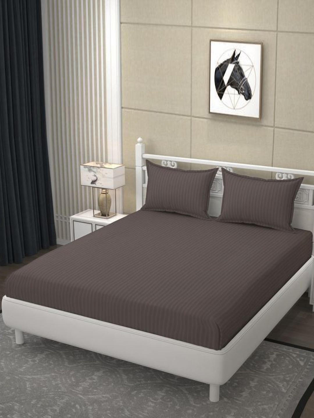 

BELVOSTUM Brown Striped 250 TC King Bedsheet with 2 Pillow Covers