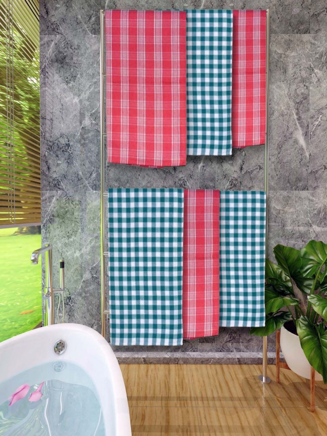 

Aura Pink & Green 6 Pieces Checked Cotton 250 GSM Water Absorbent Bath Towels