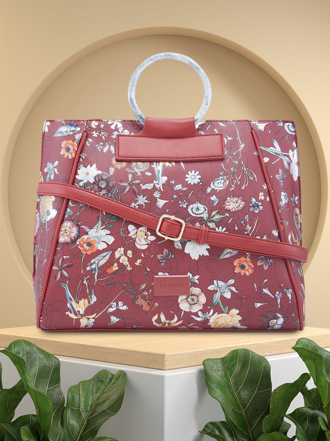 

Caprese Floral Printed Structured Satchel, Burgundy