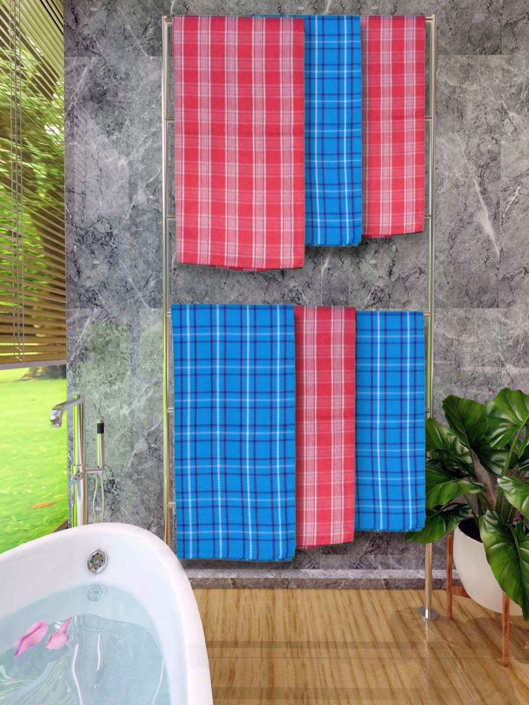 

Aura Pink & Blue 6 Pieces Checked Cotton 250 GSM Water Absorbent Bath Towels