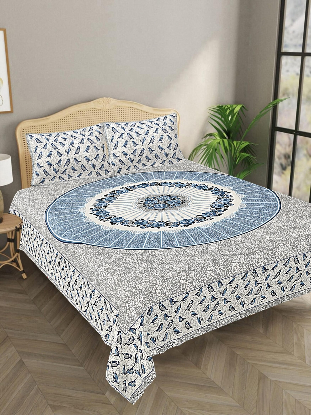 

Aura Grey & Blue Floral 144 TC Pure Cotton King Bedsheet With 2 Pillow Covers