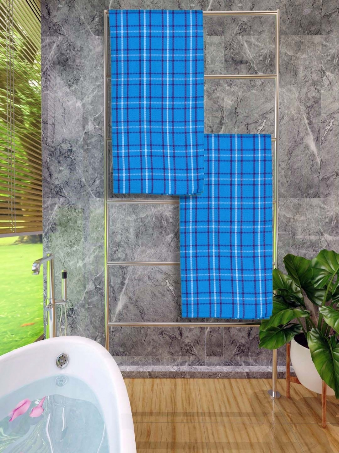 

Aura Blue & White 2 Pieces Checked Cotton 250 GSM Bath Towels