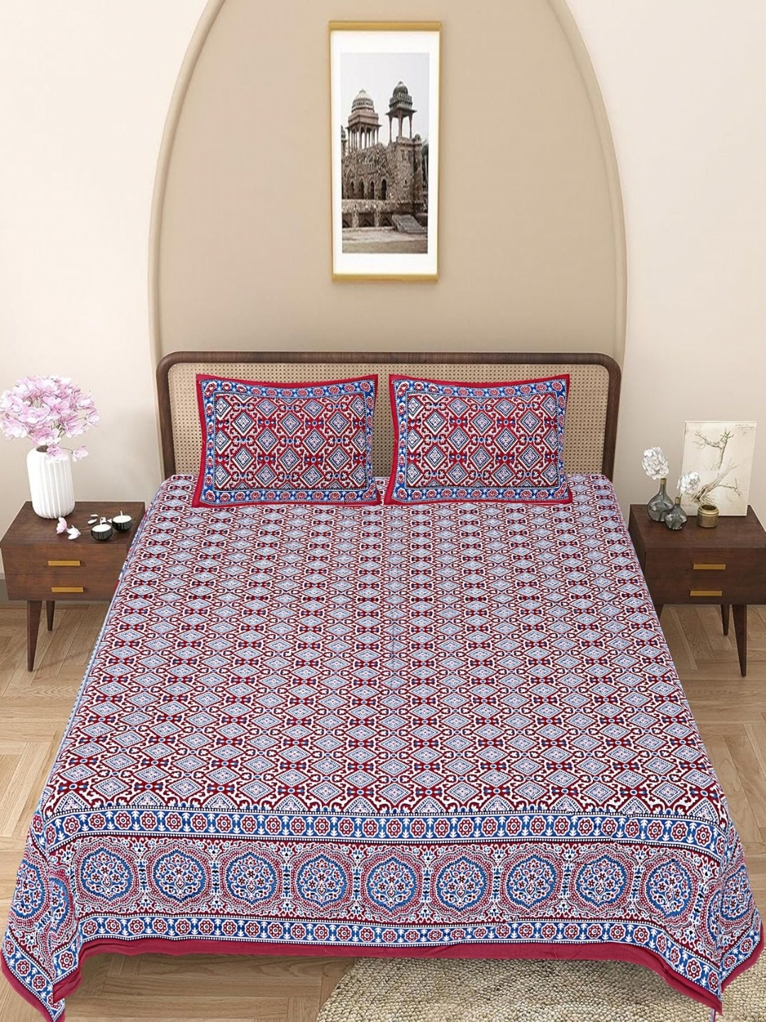 

Texstylers Maroon & Blue Floral 144 TC Queen Bedsheet with 2 Pillow Covers