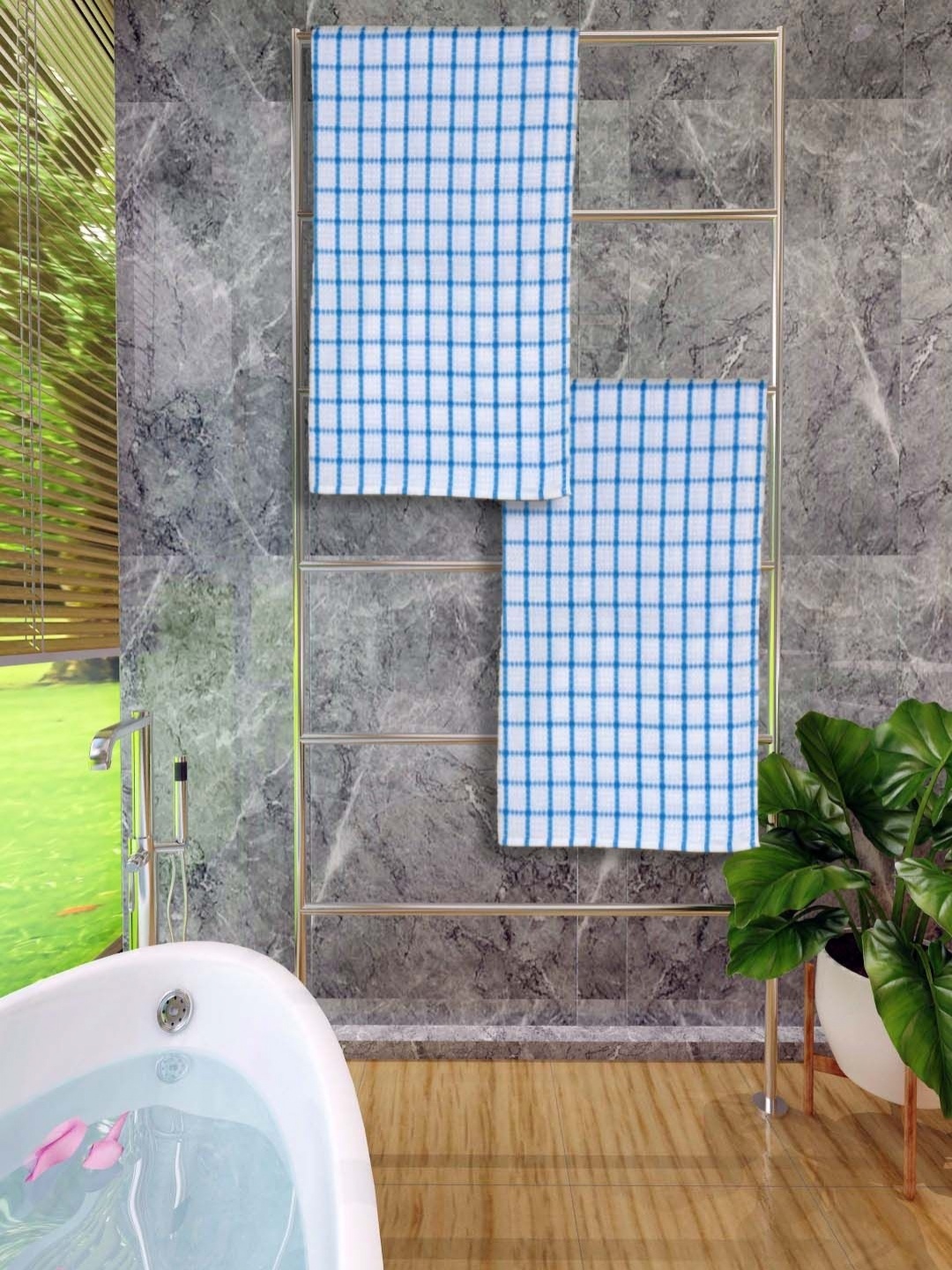 

Aura Premium Blue & White 2 Pieces Checked Cotton 210 GSM Bath Towel