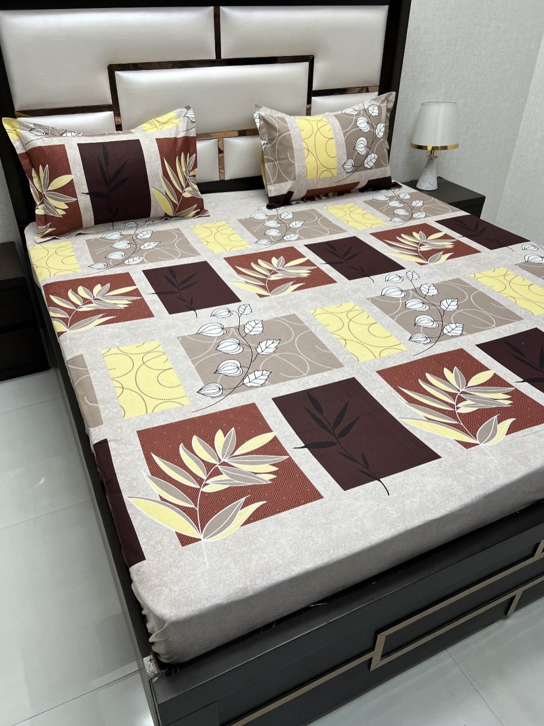 

Pure Decor Passion Fur Grey & Yellow Floral 250 TC Queen Bedsheet with 2 Pillow Covers