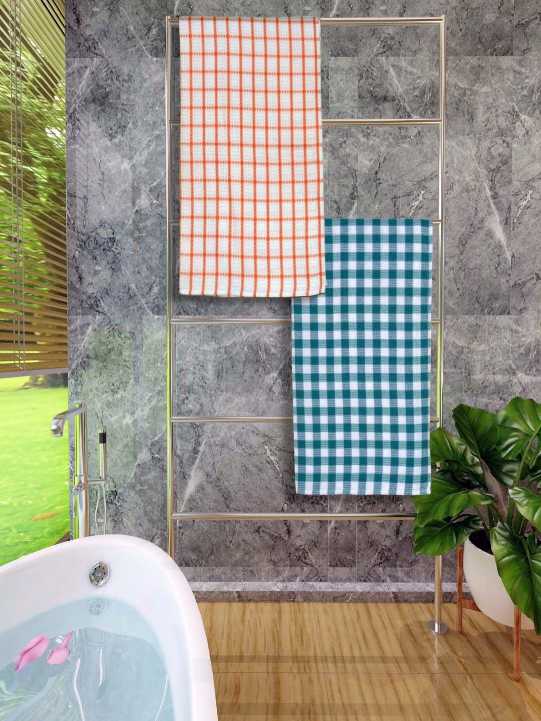 

Aura Green & Orange 2 Pieces Checked Printed Cotton 250 GSM Bath Towel