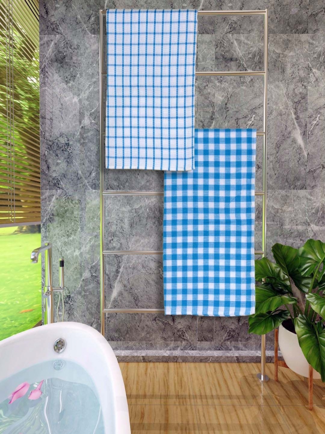 

Aura Blue & White 2 Pieces Checked Cotton 250 GSM Bath Towels