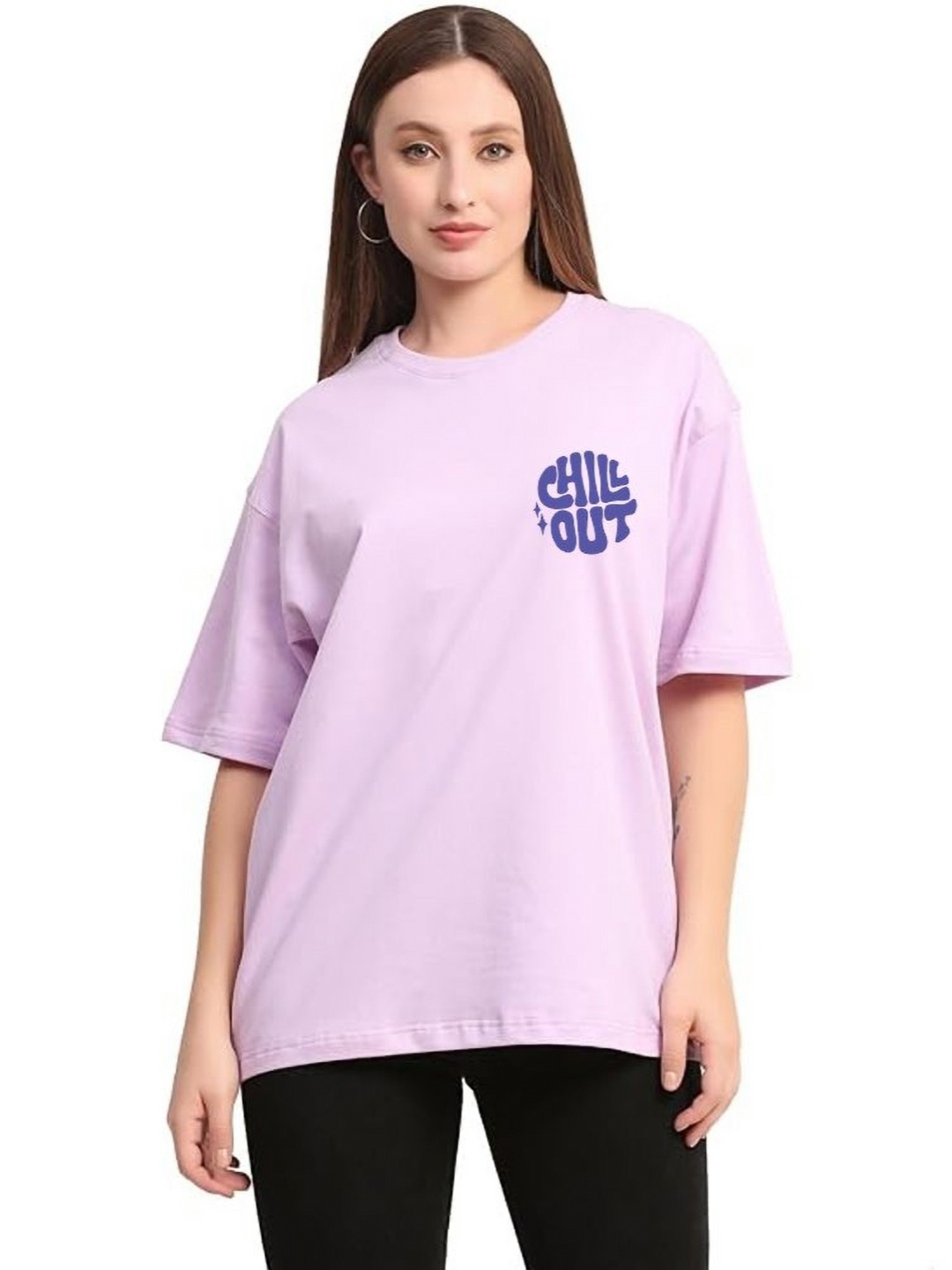 

VIXENLY Women Printed Drop-Shoulder Sleeves Applique T-shirt, Purple