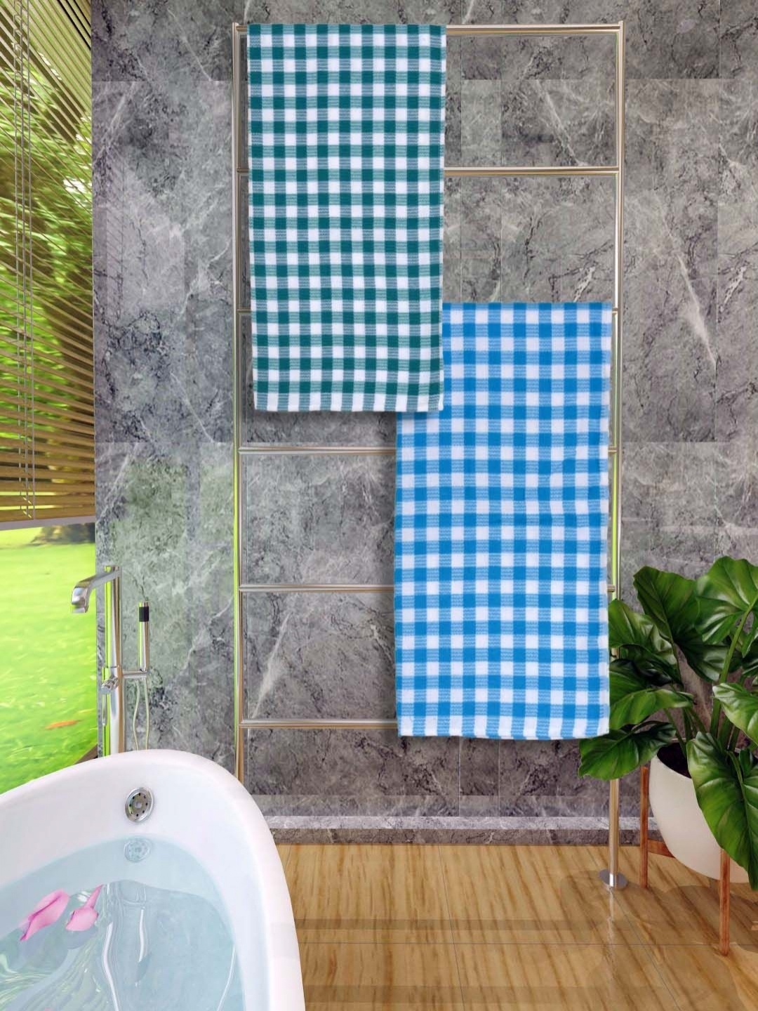 

Aura Blue & White 2 Pieces Checked Printed Cotton 250 GSM Bath Towel