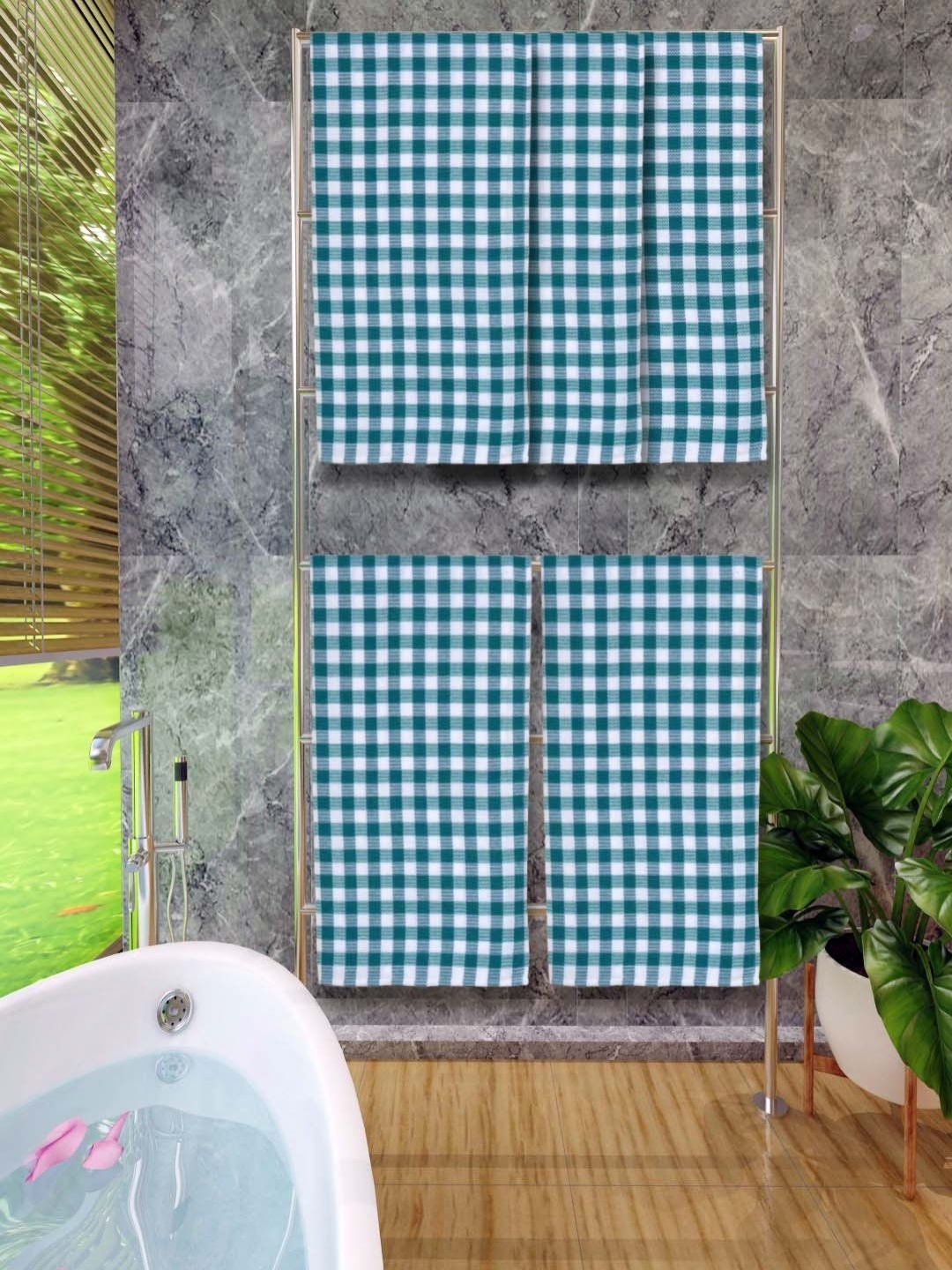 

Aura Green & White 5 Pieces Printed Cotton 250 GSM Bath Towel