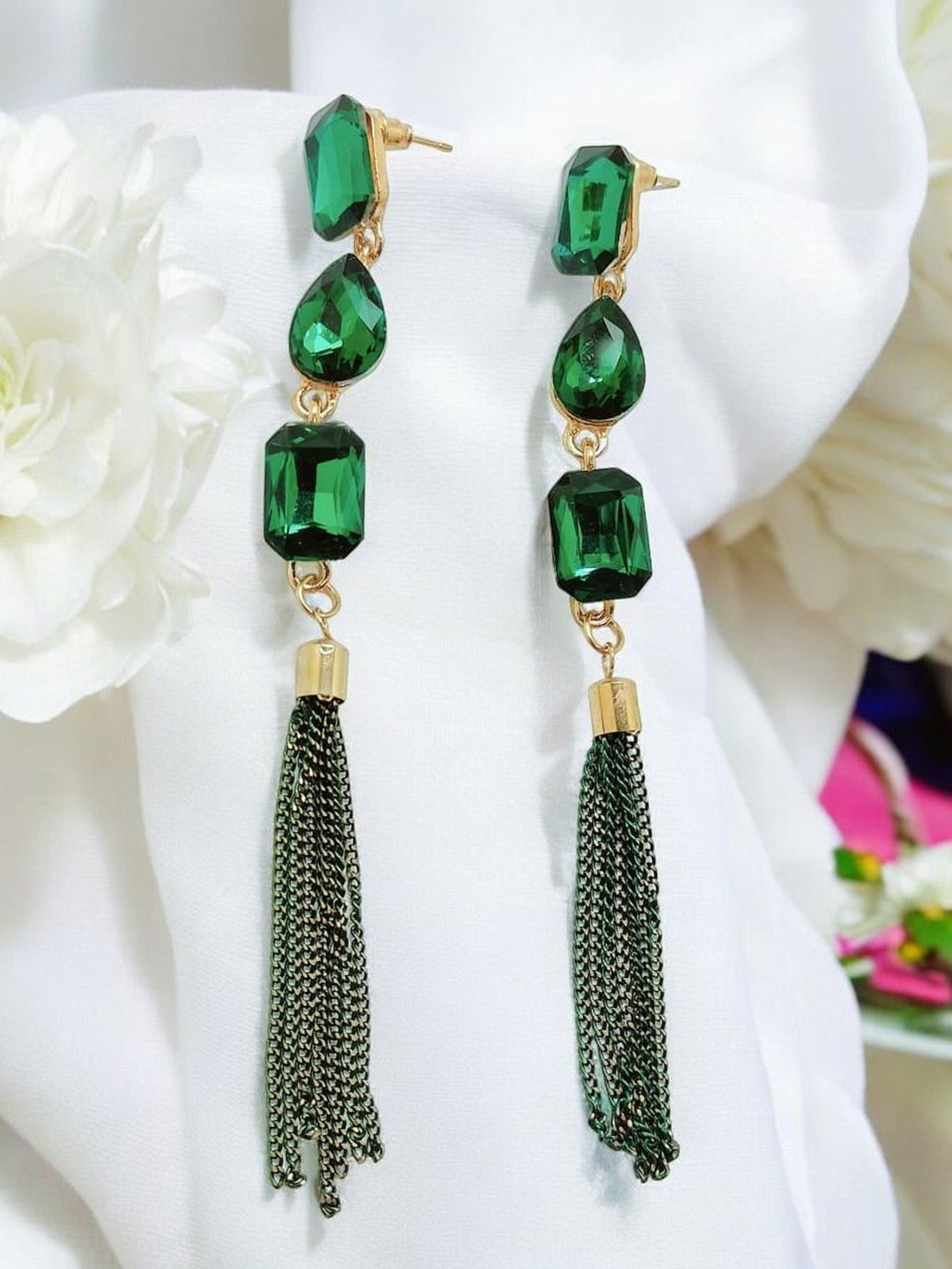 

9blings Gold Plated Stone Studded Tasselled Geometric Drop Earrings
