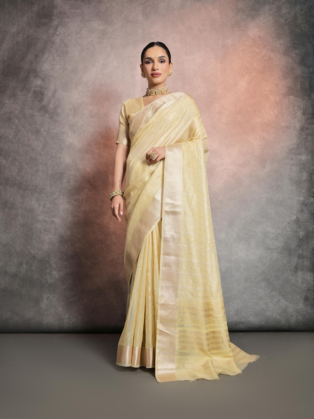 

GAJARAI Striped Zari Tissue Tussar Saree, Yellow