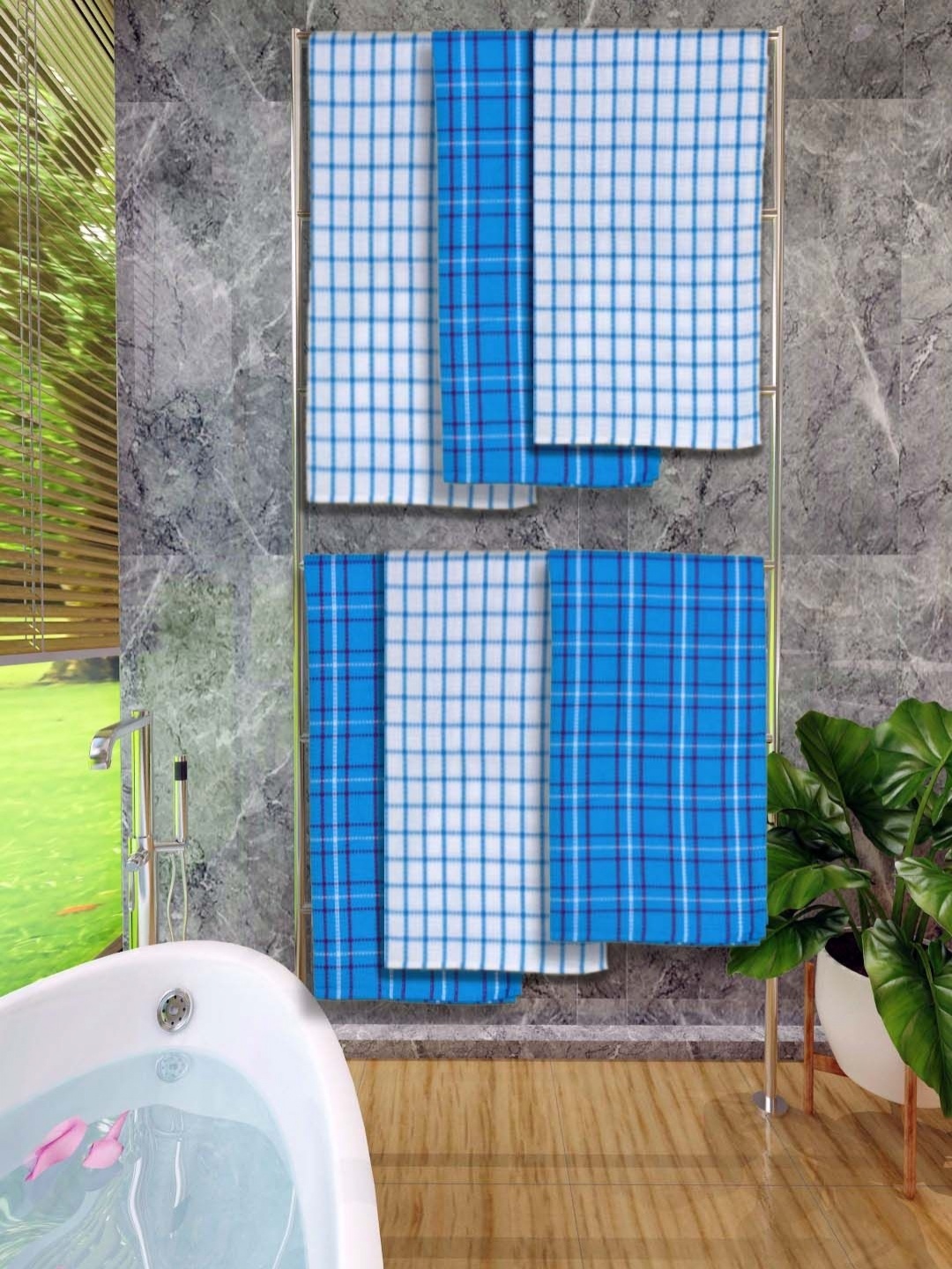 

Aura Blue & White 5 Pieces Checked Cotton 250 GSM Bath Towels