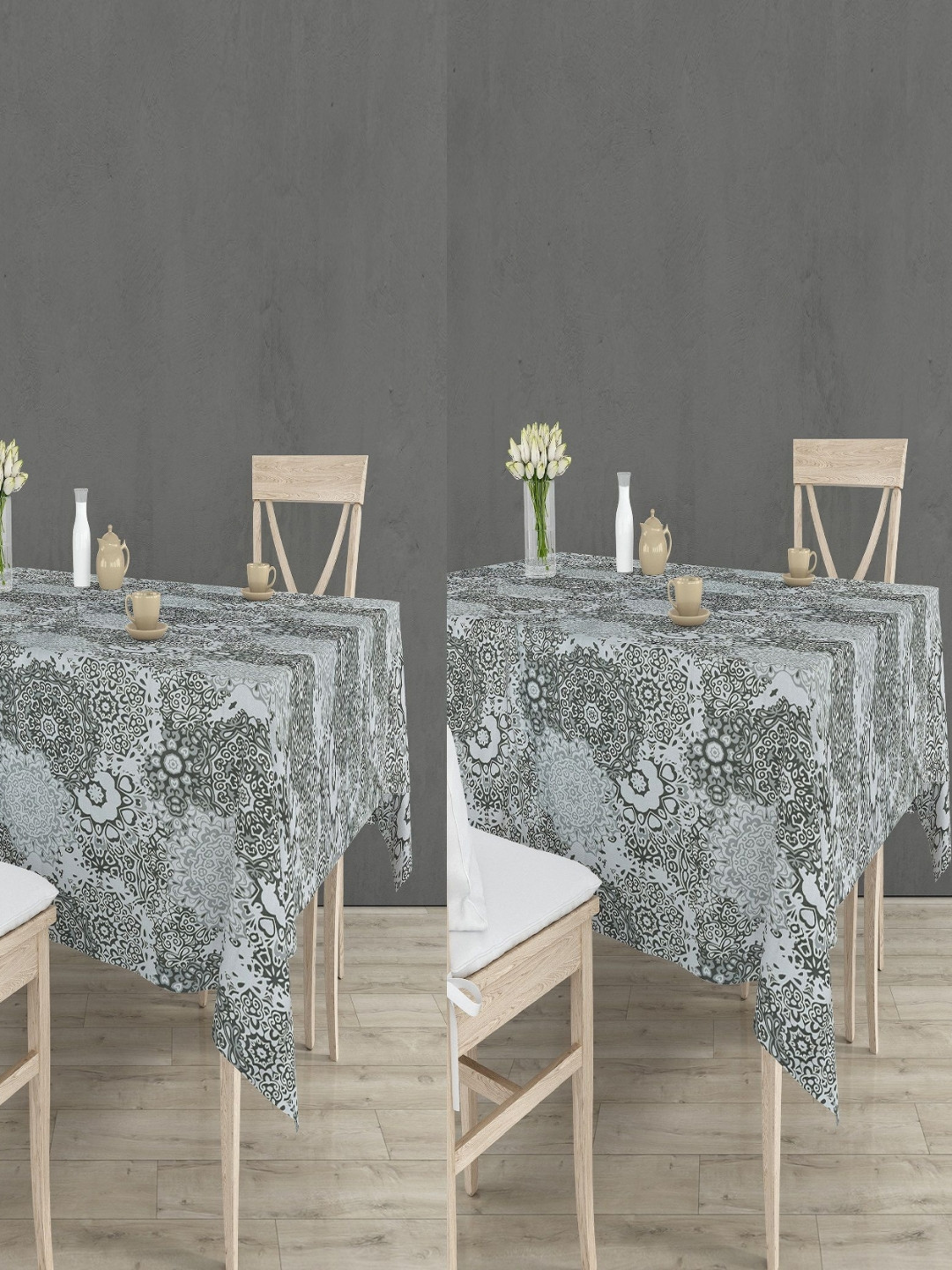 

RRC Black & Grey 2 Pieces Floral Anti Slip Cotton 4 Seater Table Cover