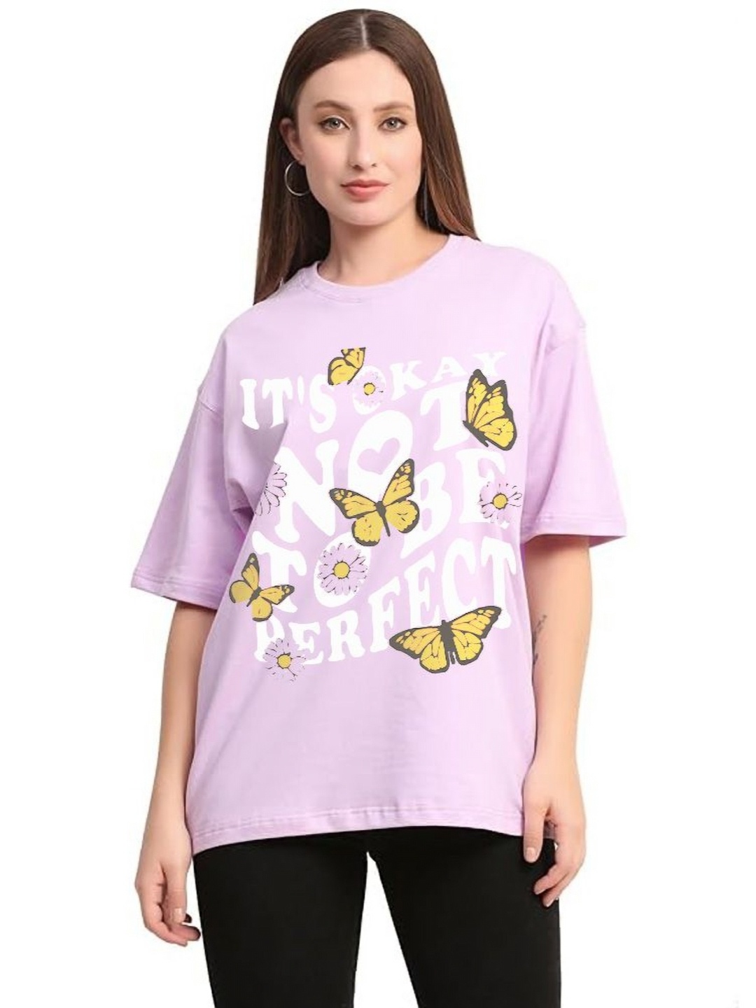 

VIXENLY Women Printed Drop-Shoulder Sleeves T-shirt, Purple