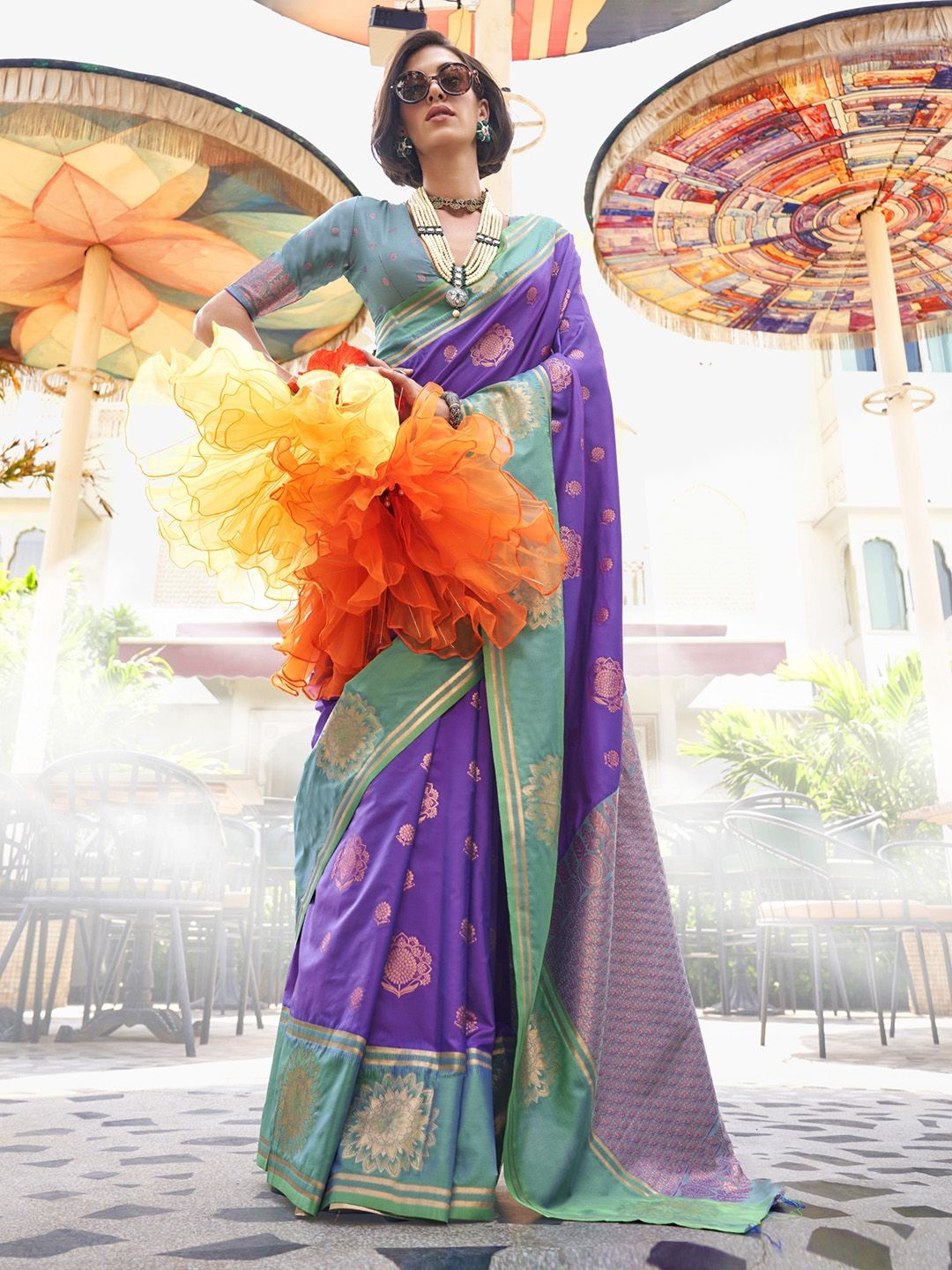 

Mitera Woven Design Zari Silk Blend Banarasi Saree, Purple
