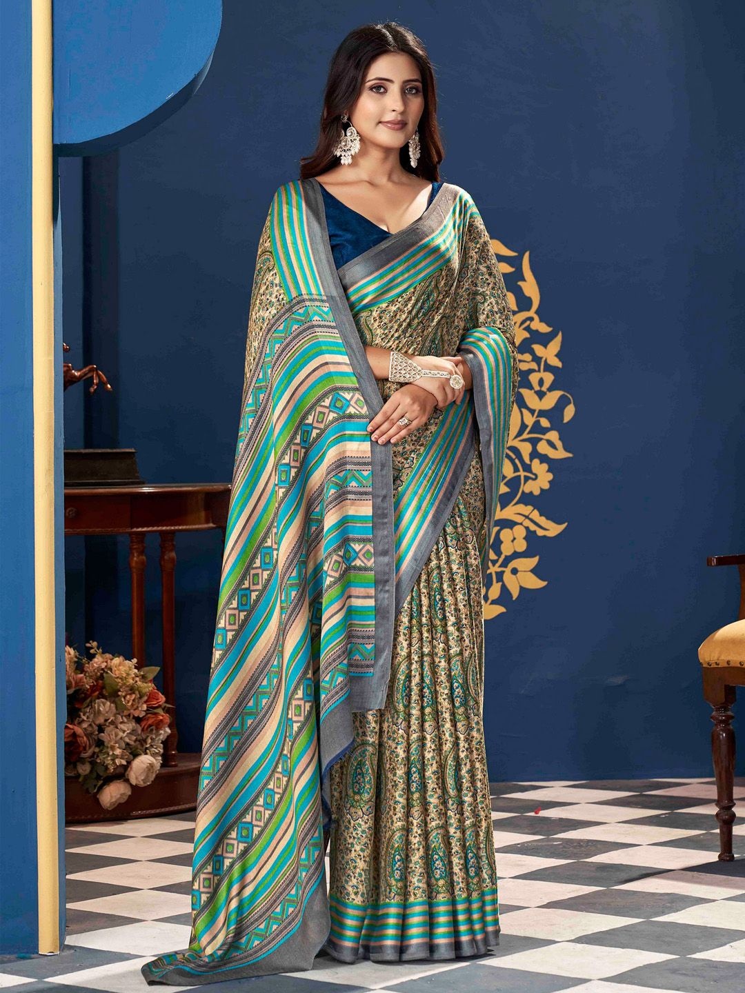 

Saree mall Paisley Silk Blend Dabu Sarees, Beige