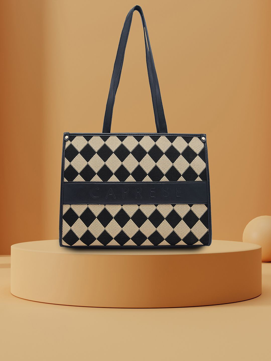 

Caprese Geometric Checked Structured Tote Bag with Tasselled, Black