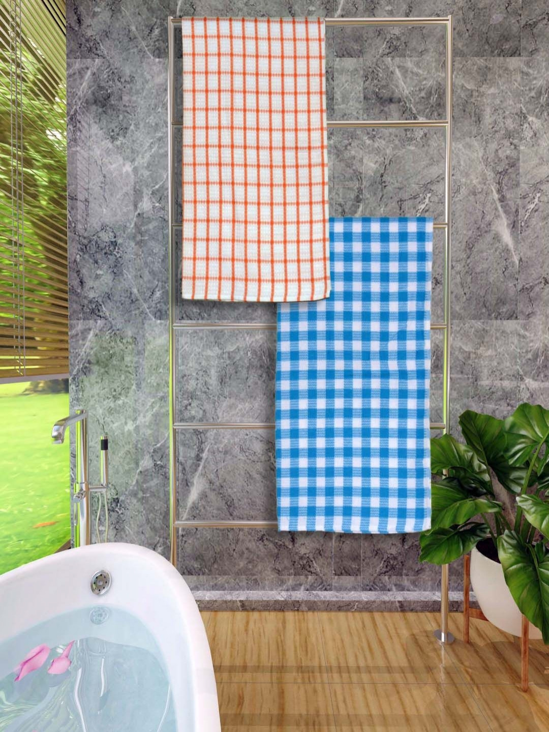 

Aura White & Blue 2 Pieces Checked Cotton 250 GSM Bath Towels