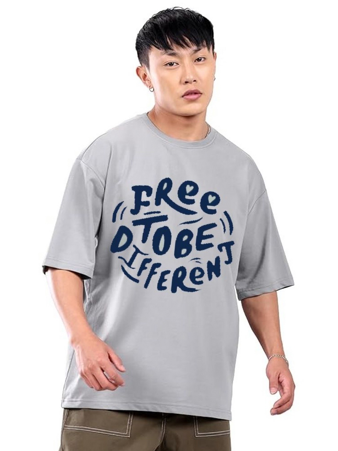 

VIXENLY Men Printed Drop-Shoulder Sleeves Pockets T-shirt, Grey